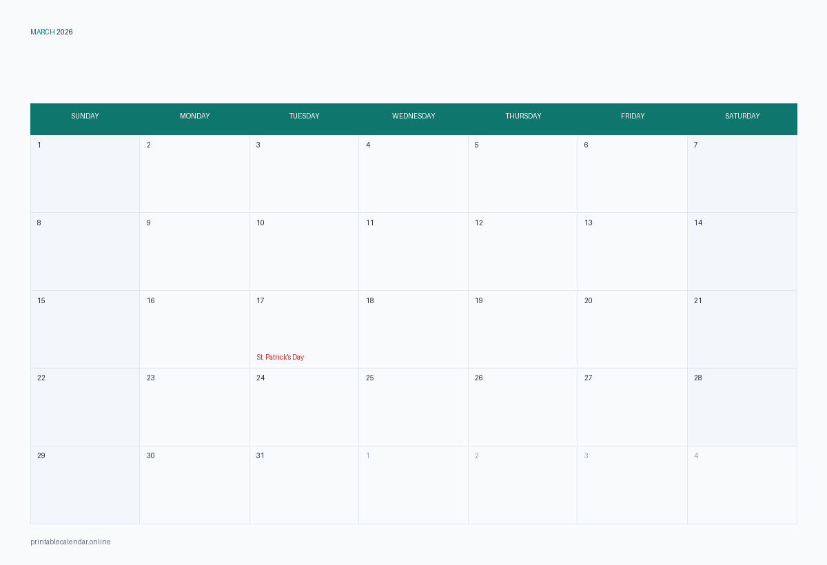 March 2026 calendar with US holidays, printable