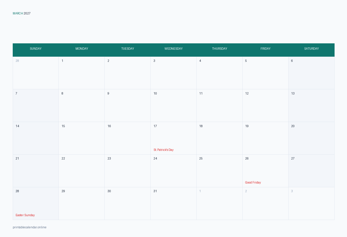 March 2027 calendar with US holidays, printable