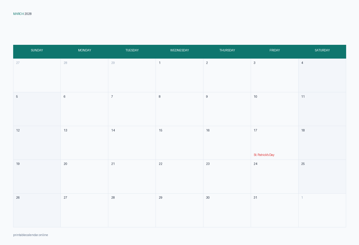 March 2028 calendar with US holidays, printable