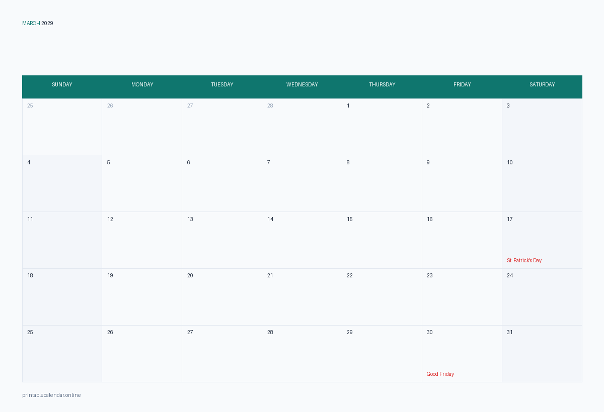 March 2029 calendar with US holidays, printable