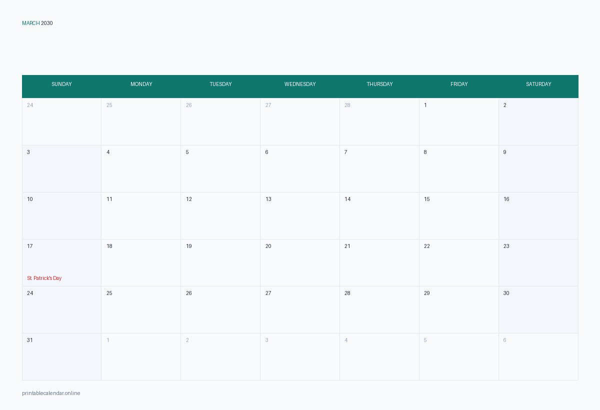March 2030 calendar with US holidays, printable