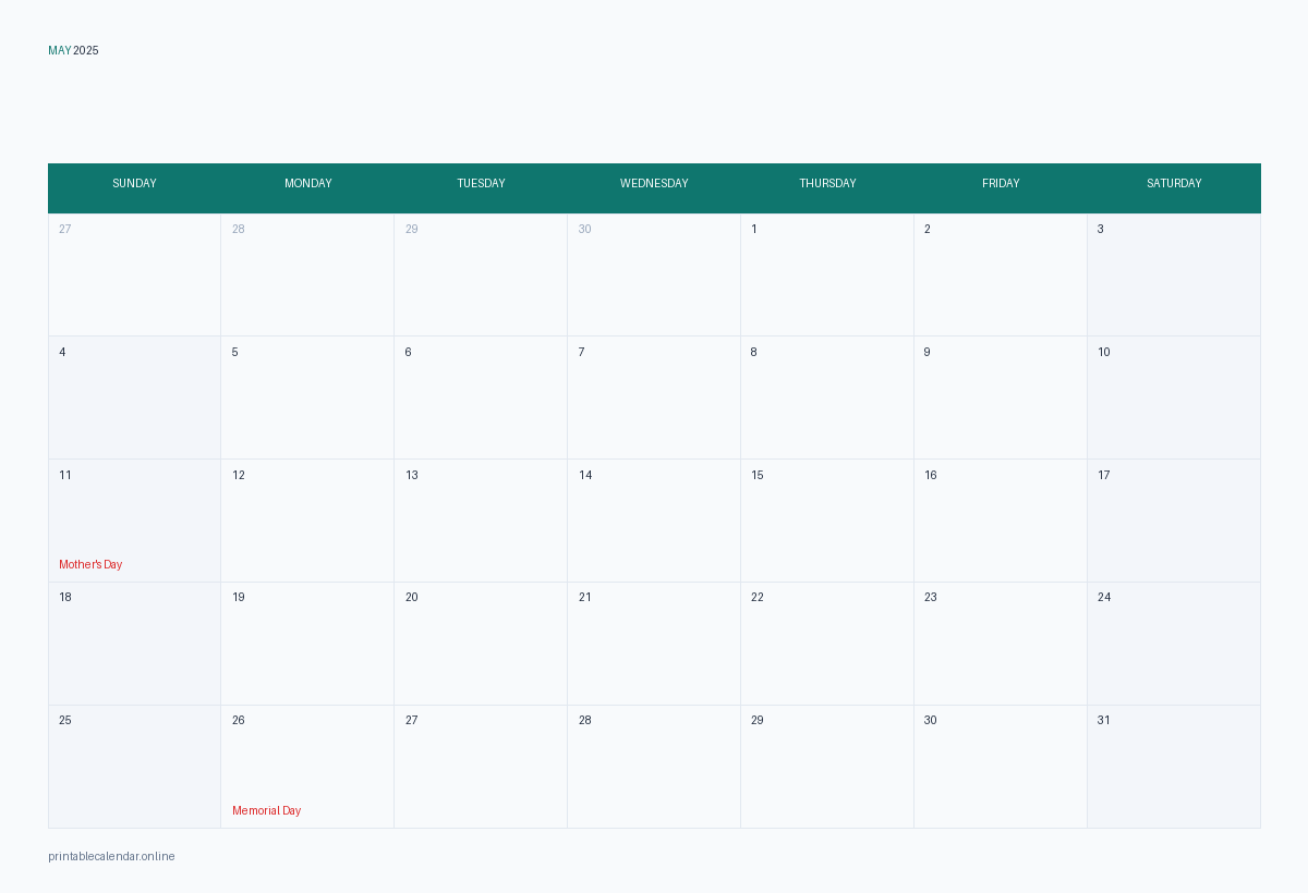 May 2025 calendar with US holidays, printable