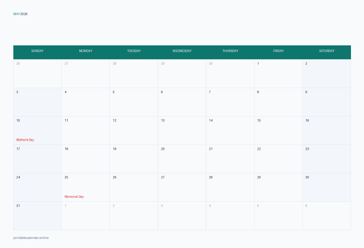 May 2026 calendar with US holidays, printable
