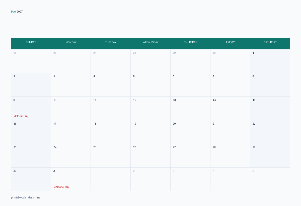 May 2027 calendar with US holidays, printable