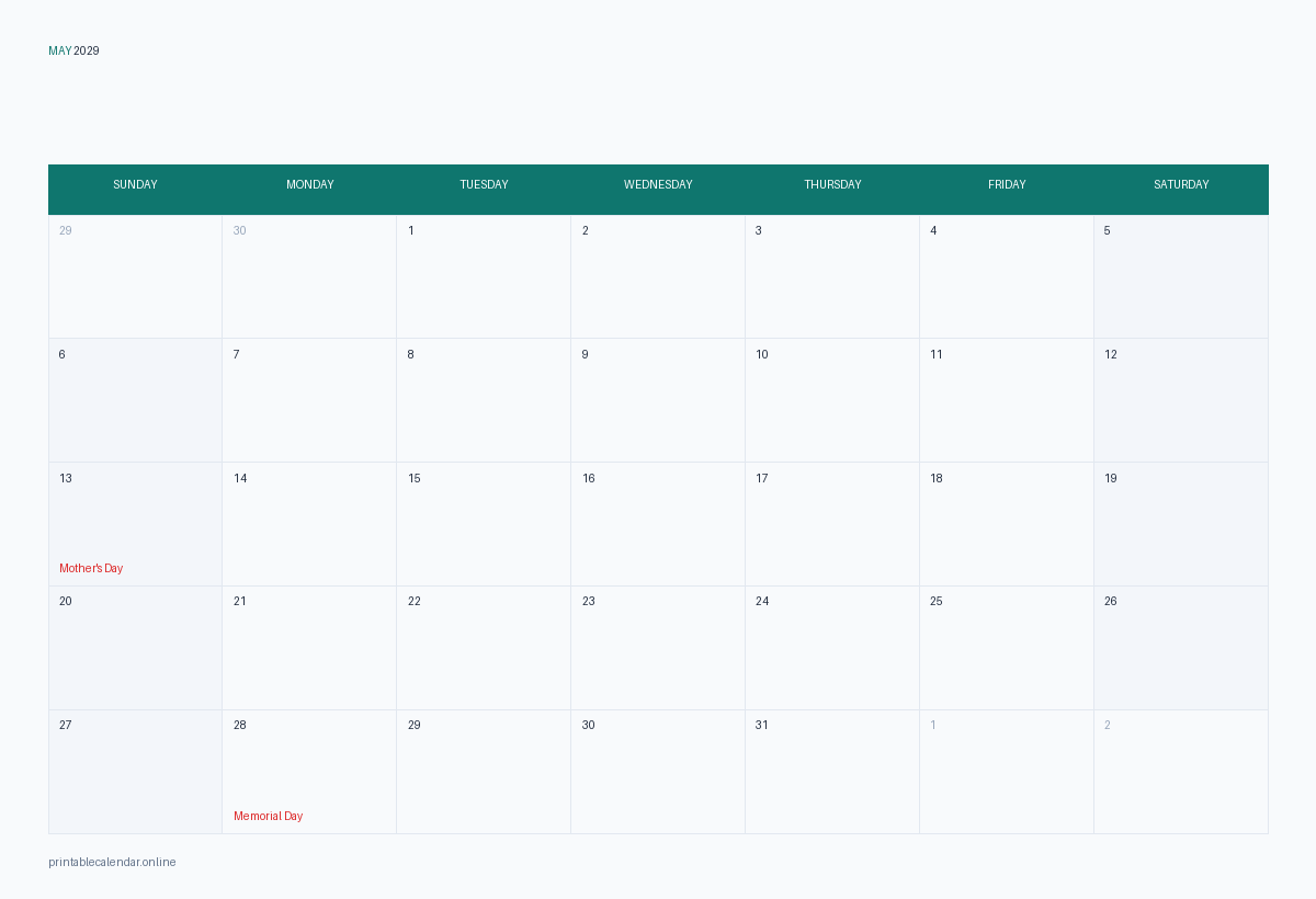 May 2029 calendar with US holidays, printable