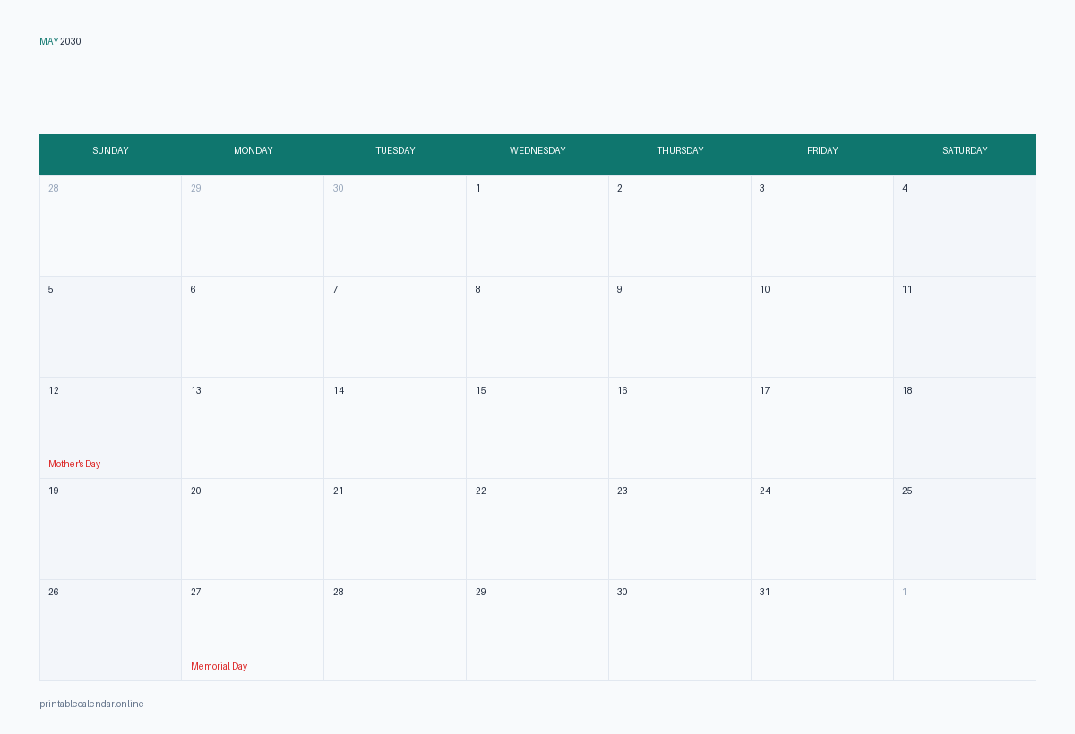 May 2030 calendar with US holidays, printable