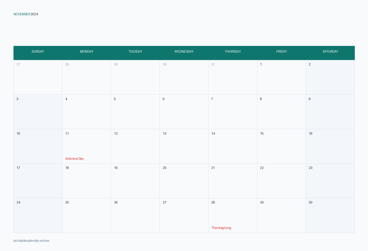 November 2024 calendar with US holidays, printable