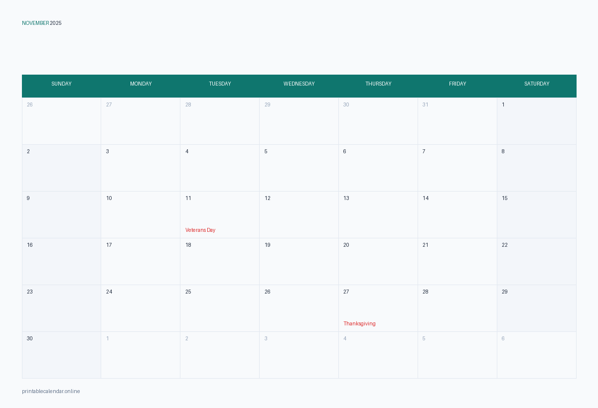 November 2025 calendar with US holidays, printable
