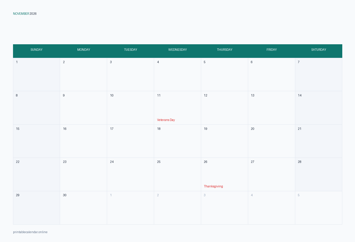 November 2026 calendar with US holidays, printable