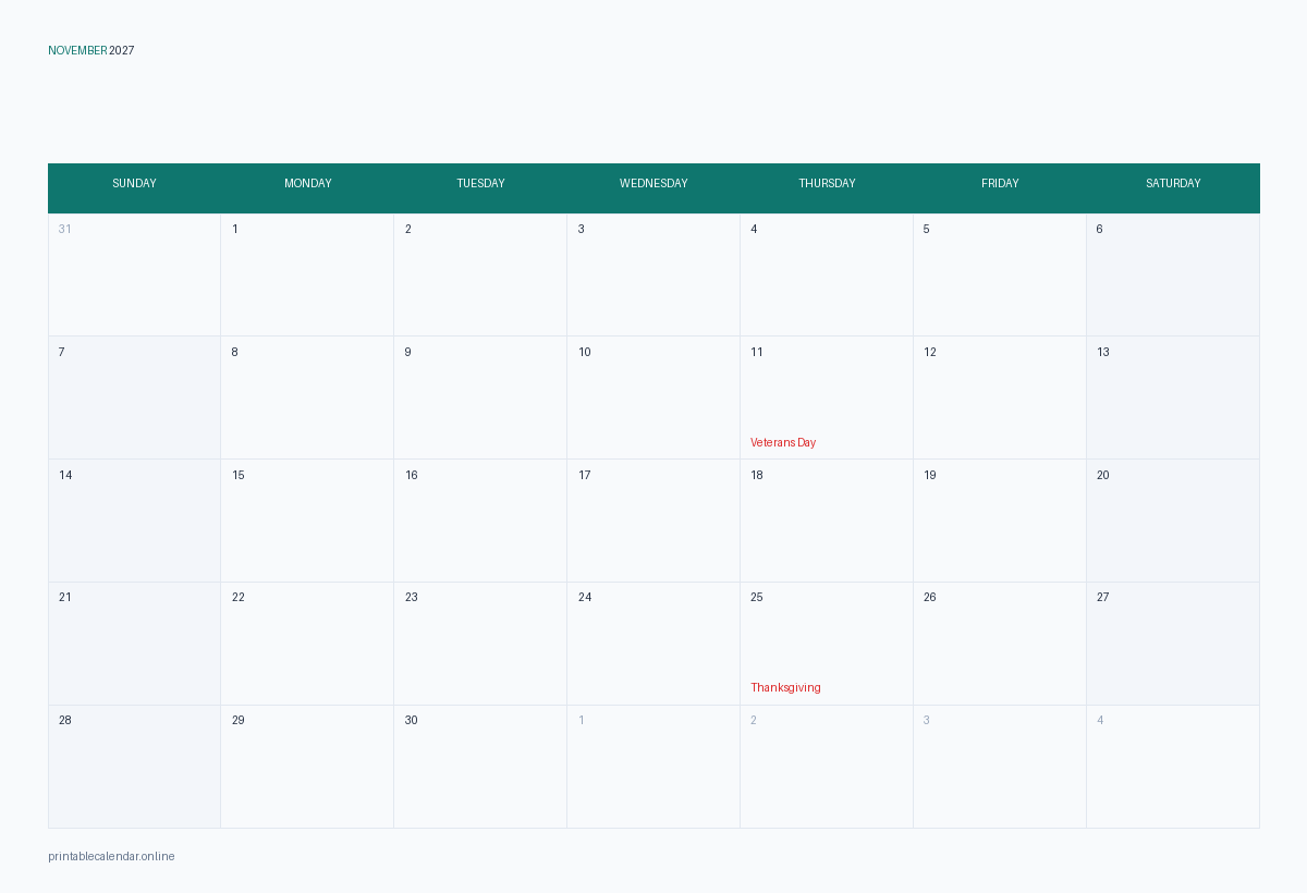 November 2027 calendar with US holidays, printable