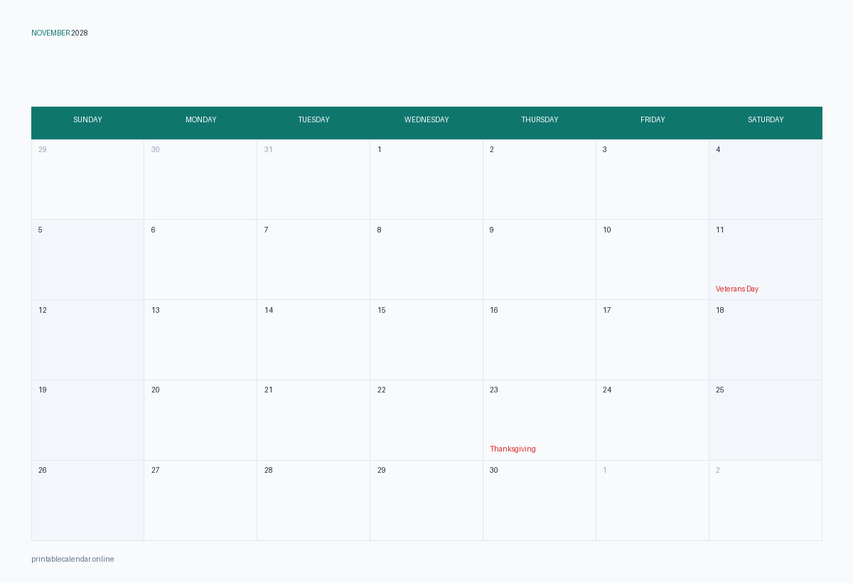 November 2028 calendar with US holidays, printable