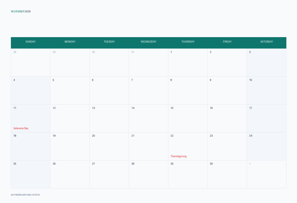 November 2029 calendar with US holidays, printable