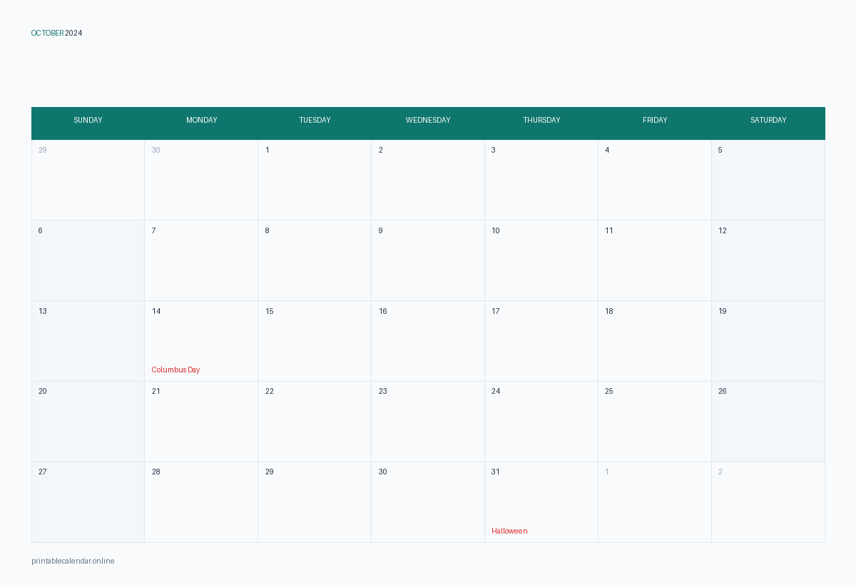 October 2024 calendar with US holidays, printable