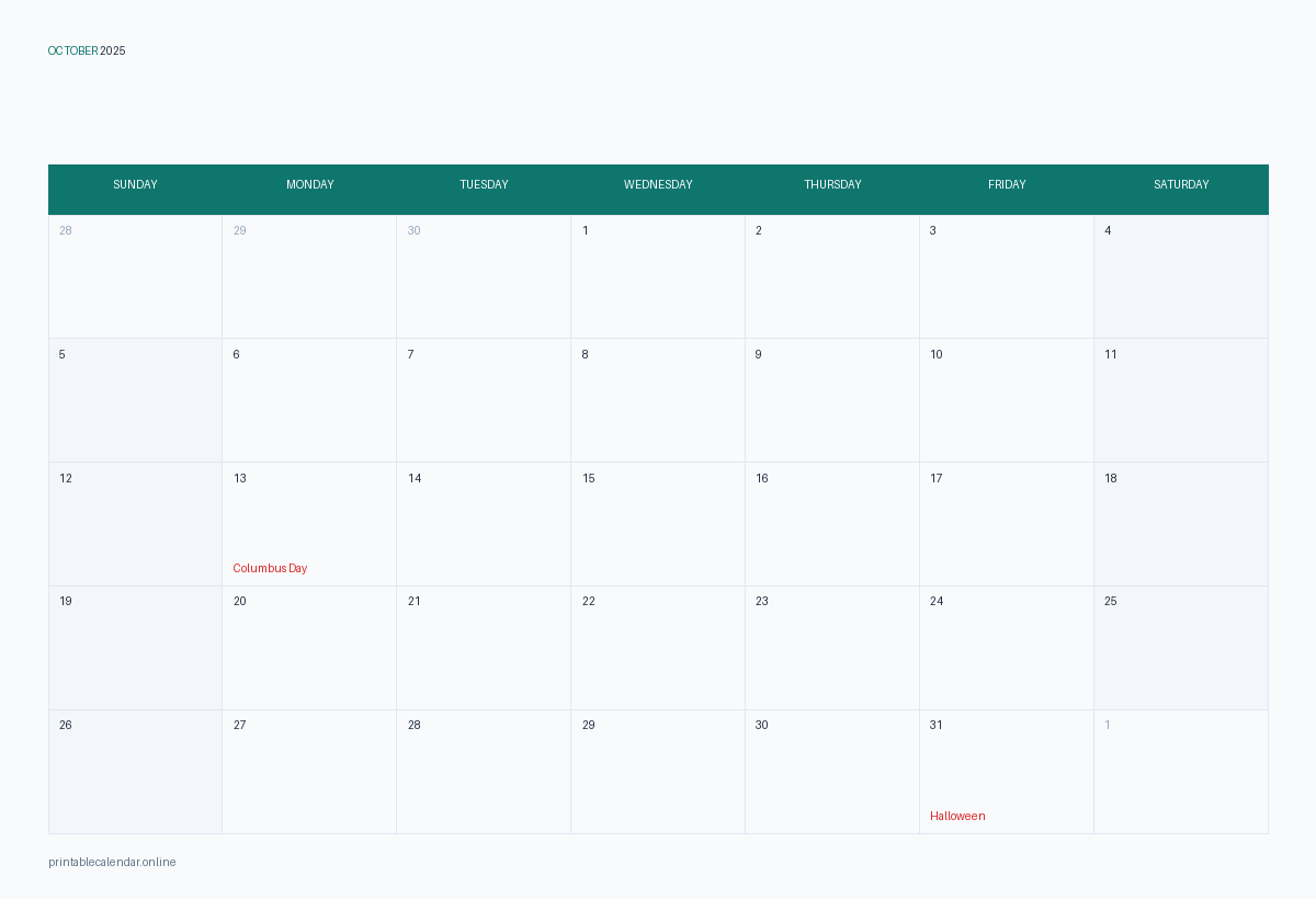 October 2025 calendar with US holidays, printable