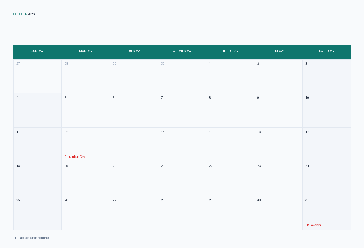 October 2026 calendar with US holidays, printable