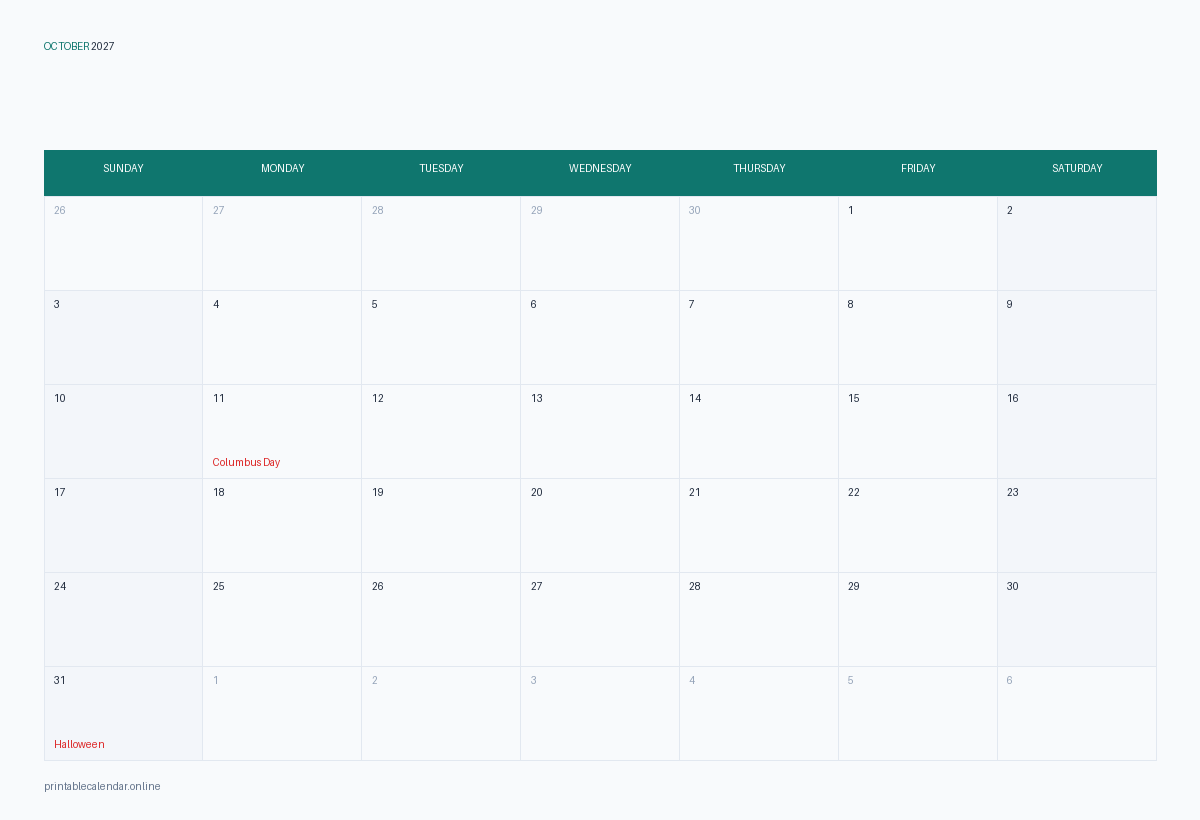 October 2027 calendar with US holidays, printable