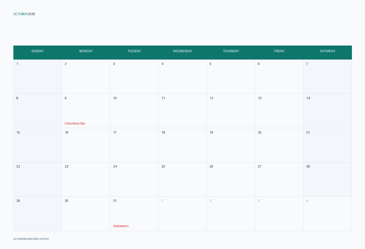 October 2028 calendar with US holidays, printable