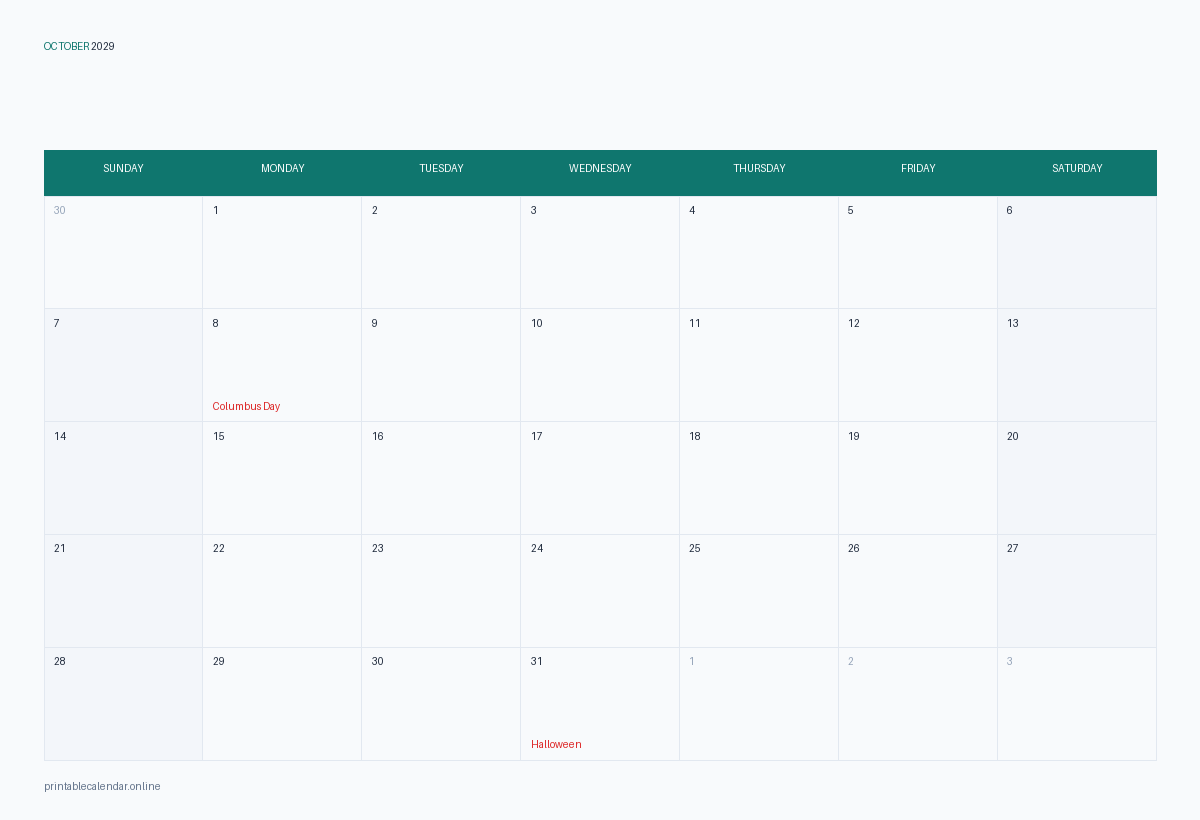 October 2029 calendar with US holidays, printable