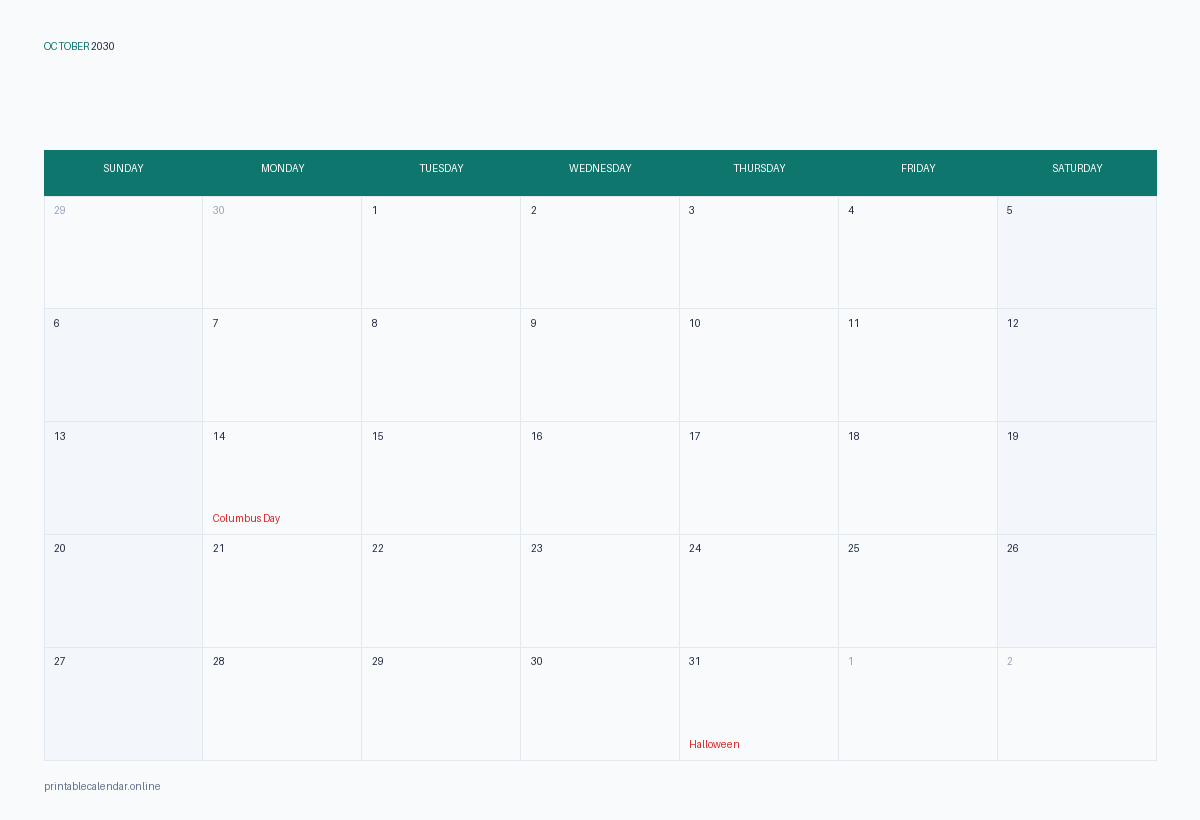 October 2030 calendar with US holidays, printable