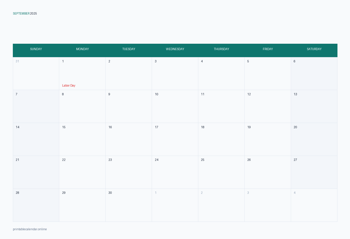 September 2025 calendar with US holidays, printable