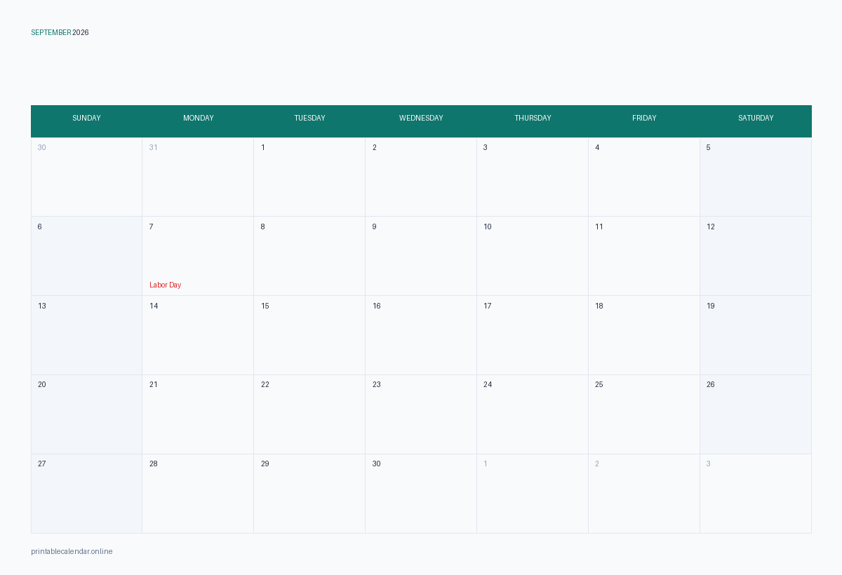 September 2026 calendar with US holidays, printable