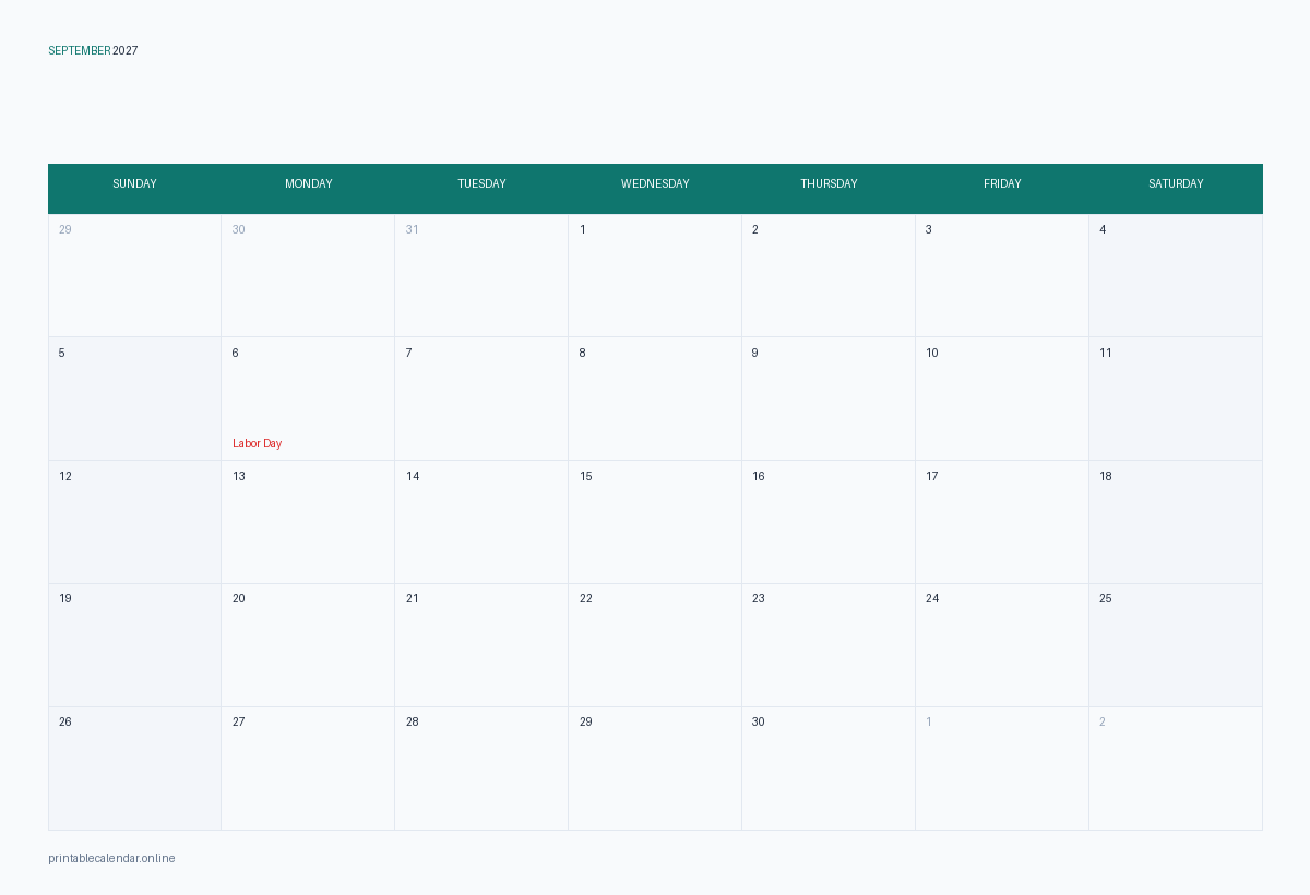 September 2027 calendar with US holidays, printable