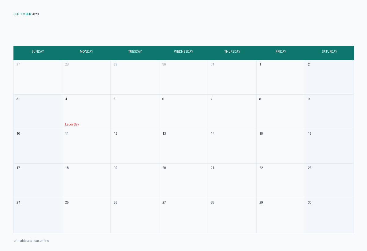 September 2028 calendar with US holidays, printable