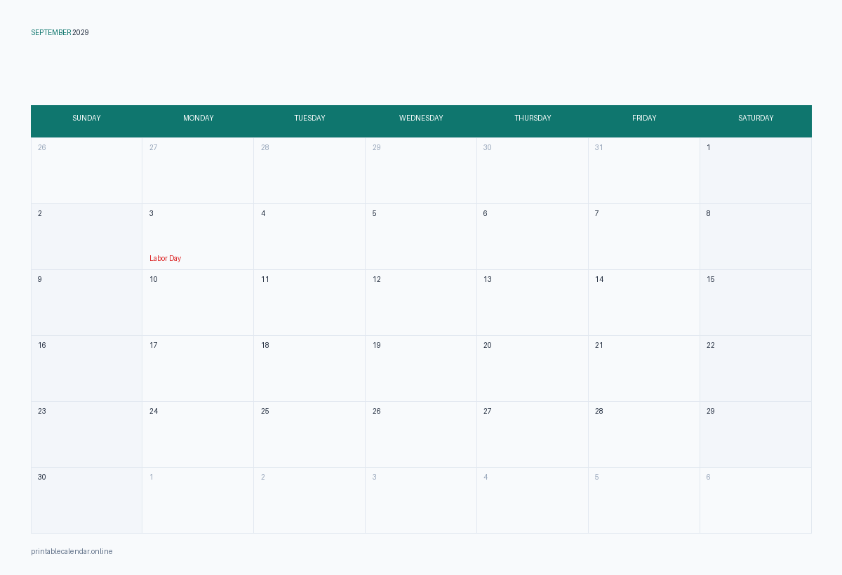 September 2029 calendar with US holidays, printable